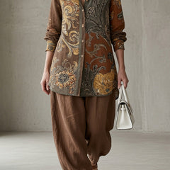 Patterned button-up shirt and drawstring pants set, dark brown paisley print
