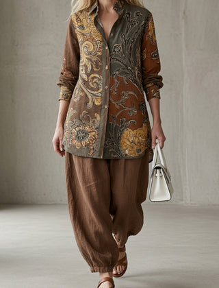 Patterned button-up shirt and drawstring pants set, dark brown paisley print