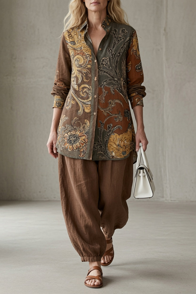 Patterned button-up shirt and drawstring pants set, dark brown paisley print