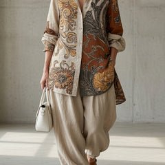 Patterned button-up shirt and drawstring pants set, cream and brown paisley