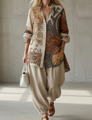 Patterned button-up shirt and drawstring pants set, cream and brown paisley