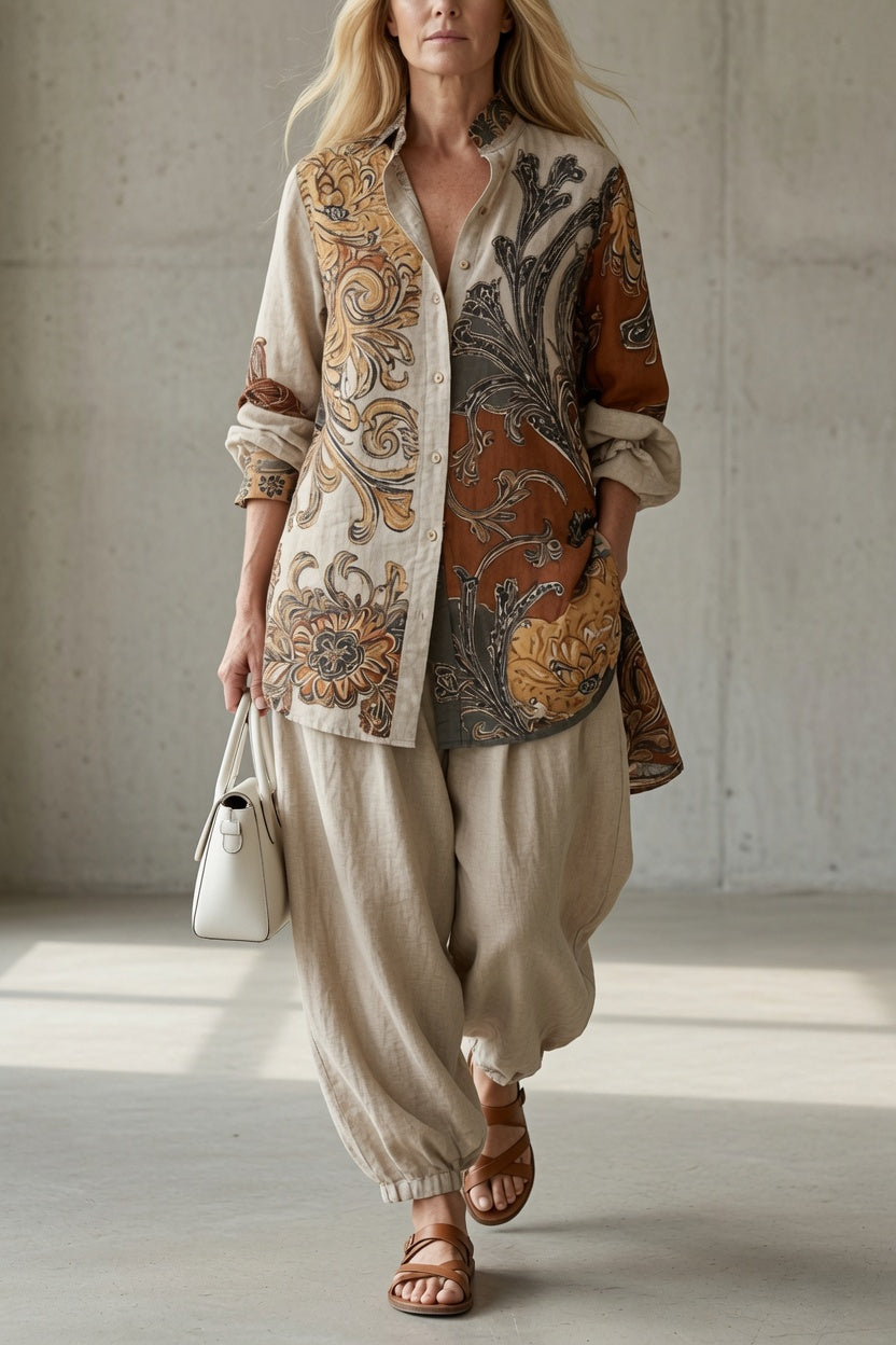 Patterned button-up shirt and drawstring pants set, cream and brown paisley