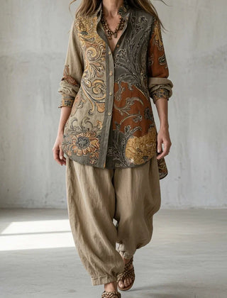 Paisley button-up shirt with beige drawstring pants, long sleeves and curved hem