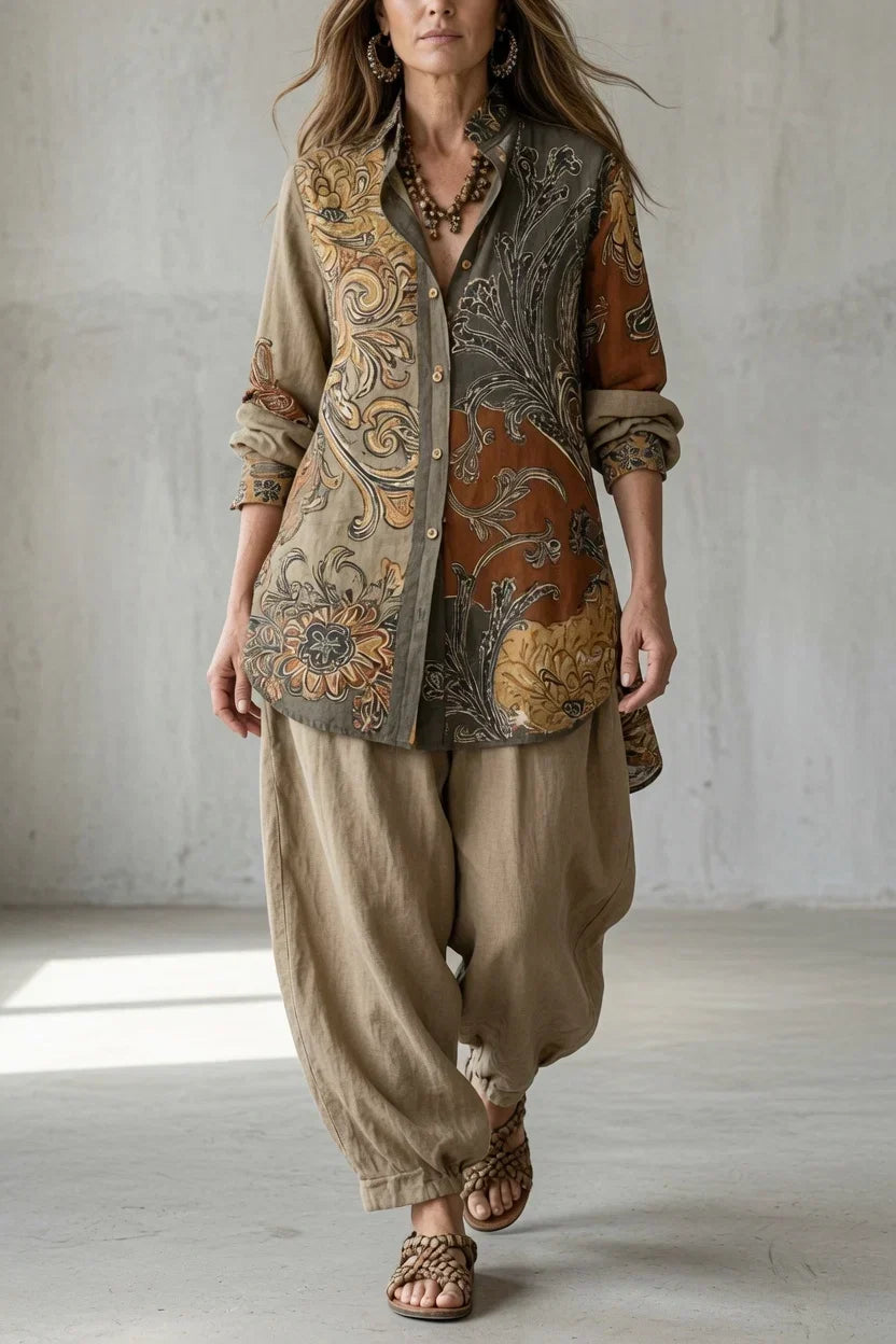 Paisley button-up shirt with beige drawstring pants, long sleeves and curved hem