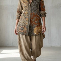 Vintage set: tan paisley button-front shirt with matching loose drawstring pants