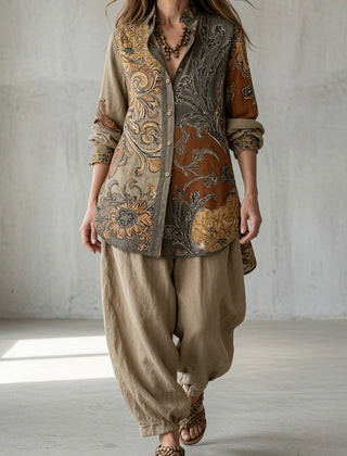 Vintage set: tan paisley button-front shirt with matching loose drawstring pants