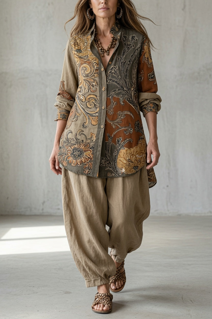 Vintage set: tan paisley button-front shirt with matching loose drawstring pants
