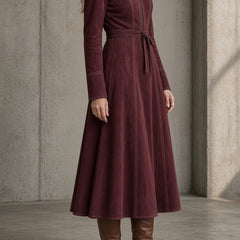 Burgundy suede midi dress with stand collar, long sleeves, full zip, waist tie