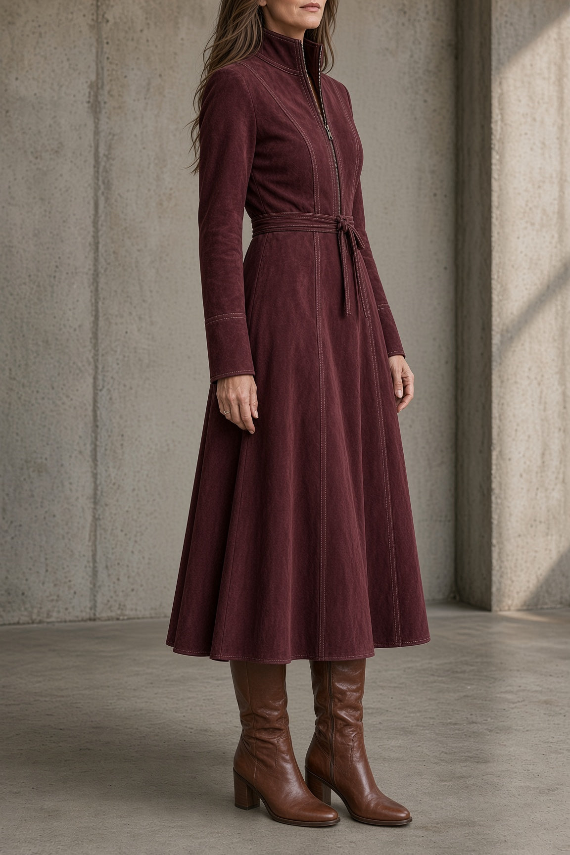 Burgundy suede midi dress with stand collar, long sleeves, full zip, waist tie