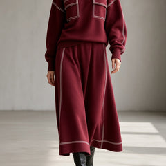 Women's burgundy knit set: mock-neck sweatshirt with patch pockets, wide midi skirt