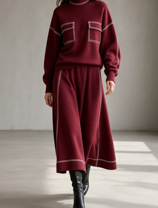 Women's burgundy knit set: mock-neck sweatshirt with patch pockets, wide midi skirt