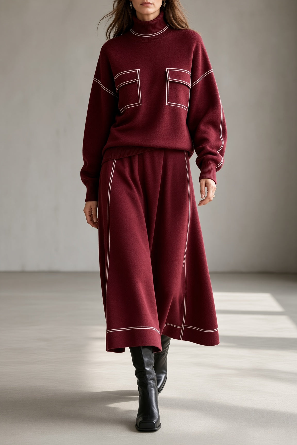 Women's burgundy knit set: mock-neck sweatshirt with patch pockets, wide midi skirt