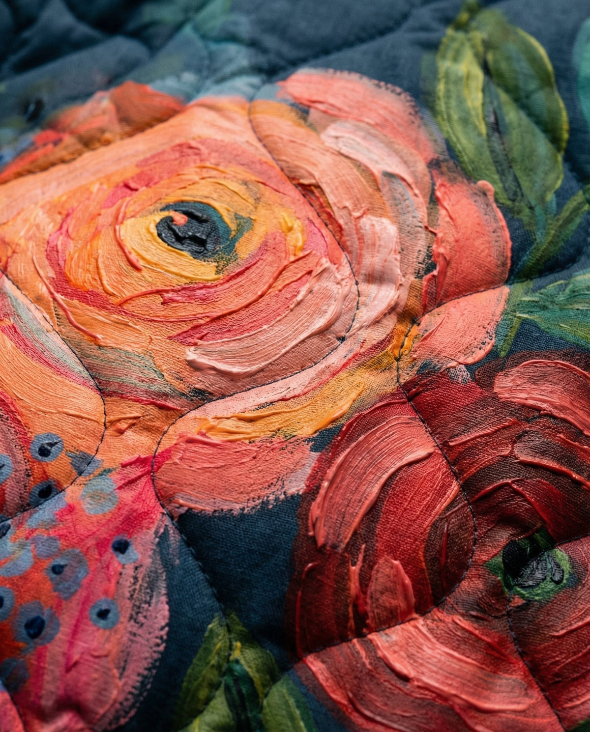 Close-up of quilted floral panel with multicolor roses and leaves