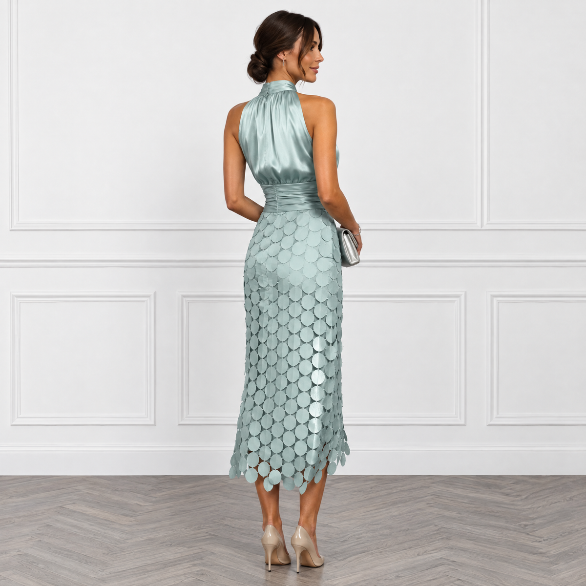 Mint halter neck midi dress, back view, scalloped scale pattern