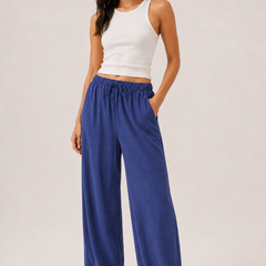 Brennan pants in cobalt blue, wide-leg with elastic waistband