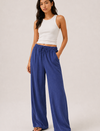 Brennan pants in cobalt blue, wide-leg with elastic waistband