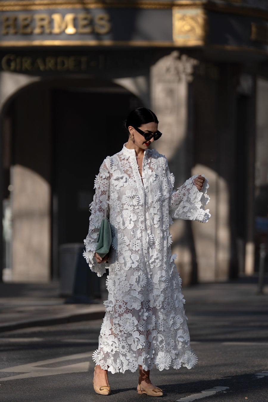 White floral lace maxi dress with long sleeves and V-neck