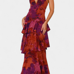 Tiered ruffle V-neck midi dress with abstract purple print, sleeveless