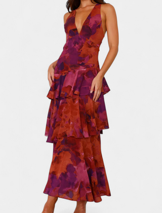 Tiered ruffle V-neck midi dress with abstract purple print, sleeveless