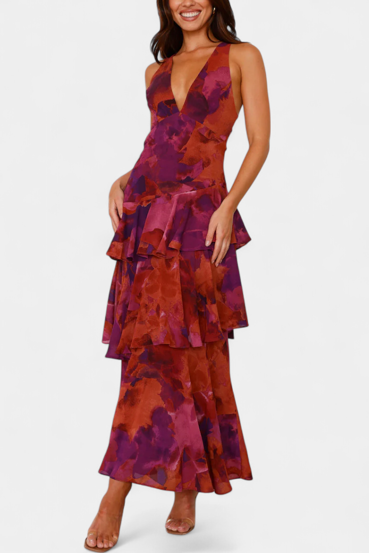 Tiered ruffle V-neck midi dress with abstract purple print, sleeveless