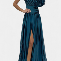 One-shoulder maxi dress in teal, ruched bodice, ruffle sleeve detail, side slit.