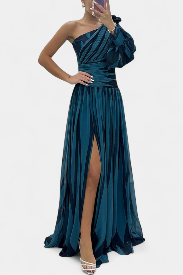 One-shoulder maxi dress in teal, ruched bodice, ruffle sleeve detail, side slit.