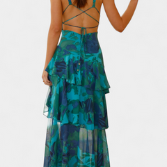 Spaghetti-strap tiered ruffle midi dress with open back, teal abstract print