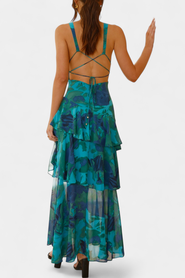 Spaghetti-strap tiered ruffle midi dress with open back, teal abstract print