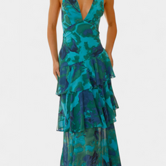 Tiered ruffle V-neck maxi dress with abstract teal print, sleeveless