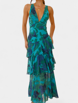 Tiered ruffle V-neck maxi dress with abstract teal print, sleeveless