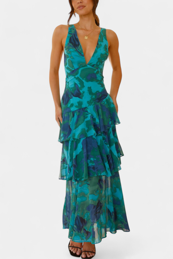 Tiered ruffle V-neck maxi dress with abstract teal print, sleeveless