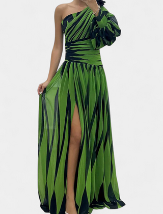 Striped one-shoulder maxi dress in green tones, gathered waist, side slit.