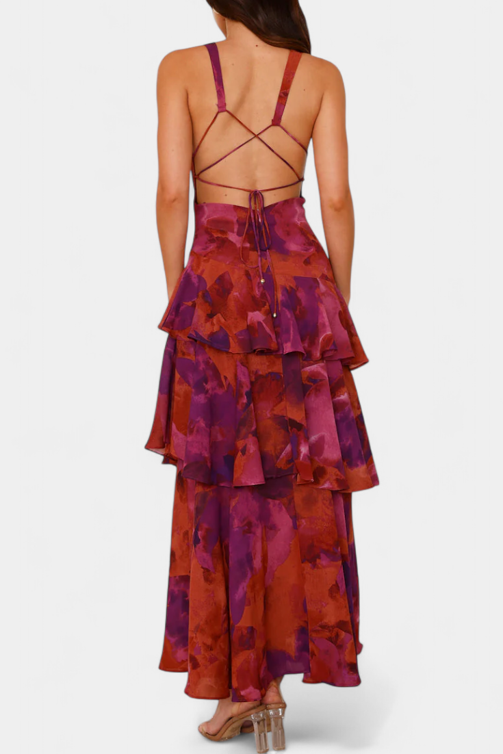 Open-back tiered ruffle midi dress with crisscross straps, abstract purple print