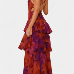Tiered ruffle V-neck midi dress with strappy back, abstract purple print