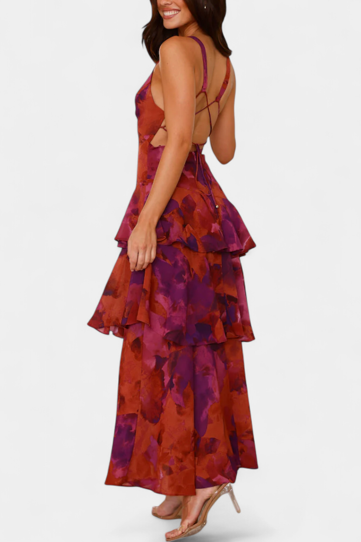 Tiered ruffle V-neck midi dress with strappy back, abstract purple print