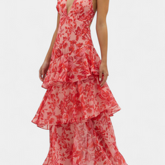 Red floral sleeveless midi dress with V-neck and tiered ruffle skirt