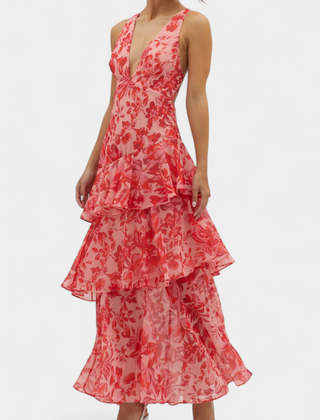 Red floral sleeveless midi dress with V-neck and tiered ruffle skirt