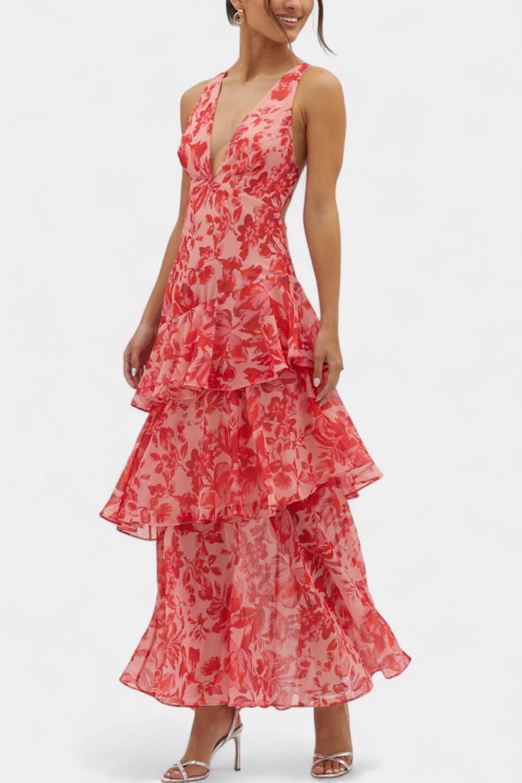 Red floral sleeveless midi dress with V-neck and tiered ruffle skirt