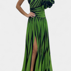 One-shoulder striped maxi dress in green tones, ruched bodice, side slit.