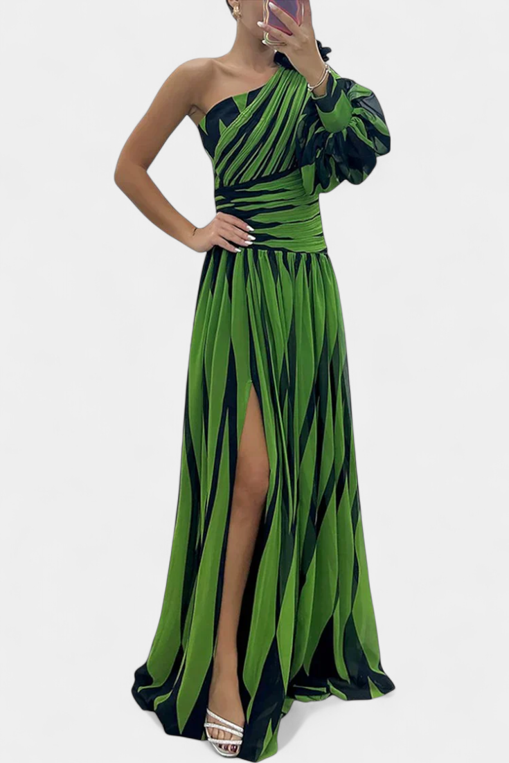 One-shoulder striped maxi dress in green tones, ruched bodice, side slit.