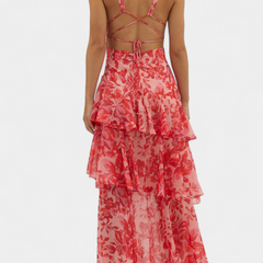 Red floral tiered midi dress with crisscross back straps and ruffled skirt
