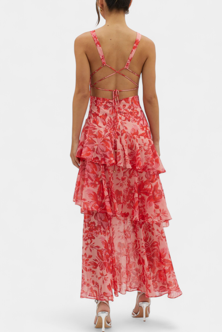 Red floral tiered midi dress with crisscross back straps and ruffled skirt