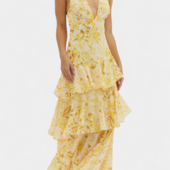 Yellow floral sleeveless maxi dress with V-neck and tiered ruffle skirt