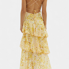 Yellow floral tiered midi dress with lace-up crisscross back