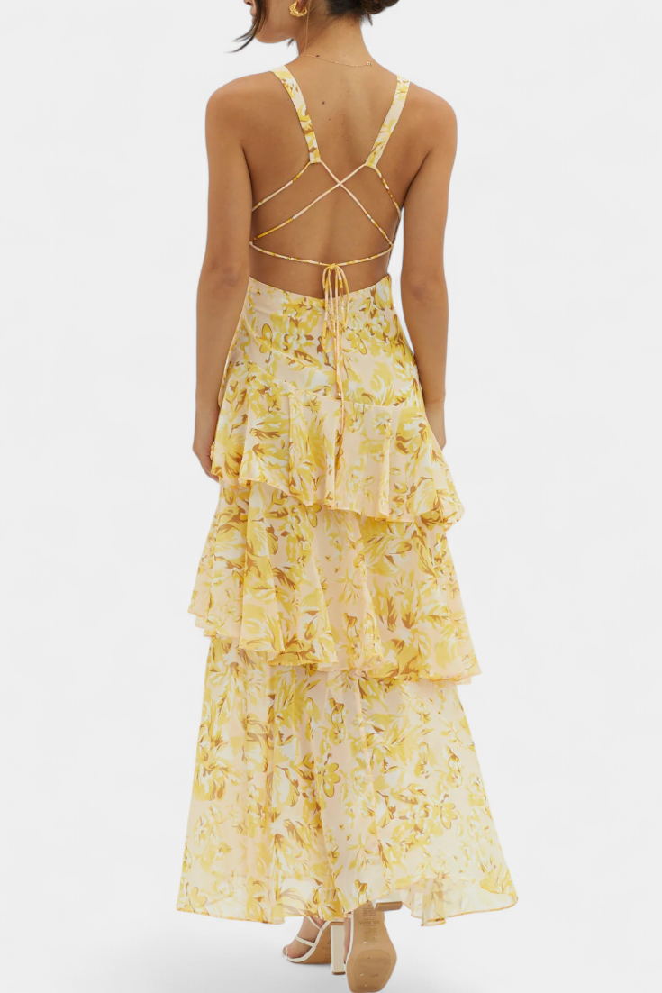 Yellow floral tiered midi dress with lace-up crisscross back