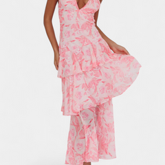 Pink floral midi dress with deep V neckline and tiered ruffle skirt, sleeveless
