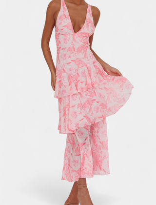 Pink floral midi dress with deep V neckline and tiered ruffle skirt, sleeveless