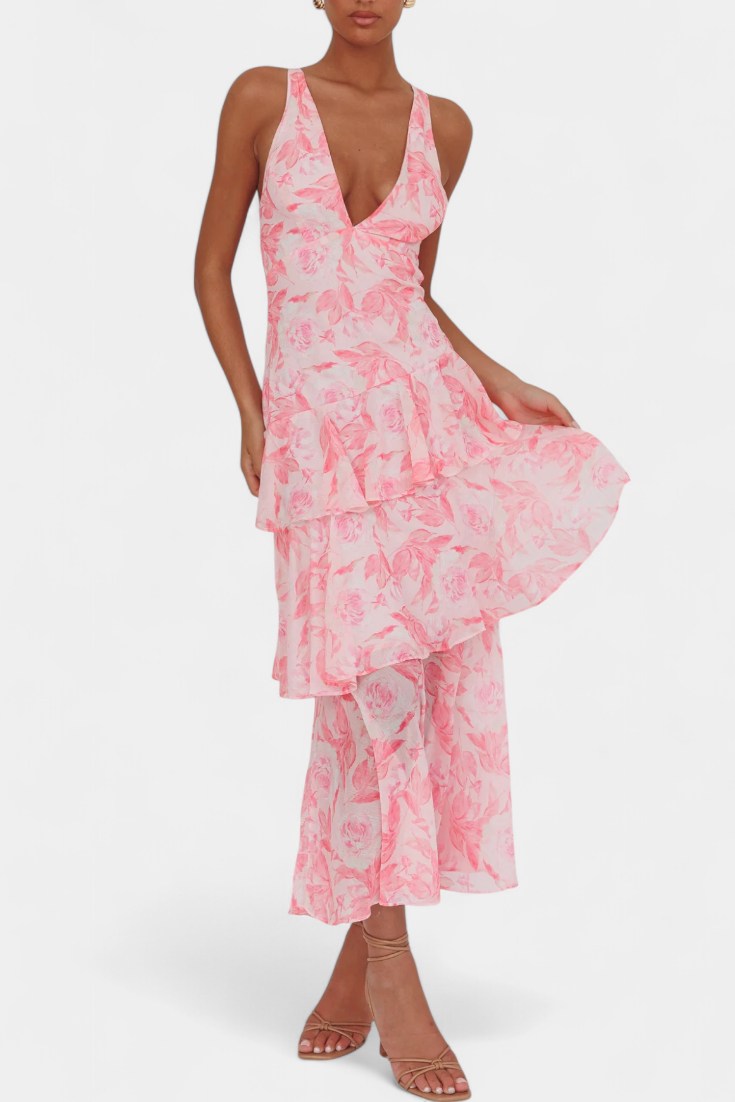 Pink floral midi dress with deep V neckline and tiered ruffle skirt, sleeveless