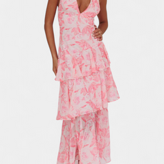 Pink floral tiered midi dress with V-neck and ruffle hem
