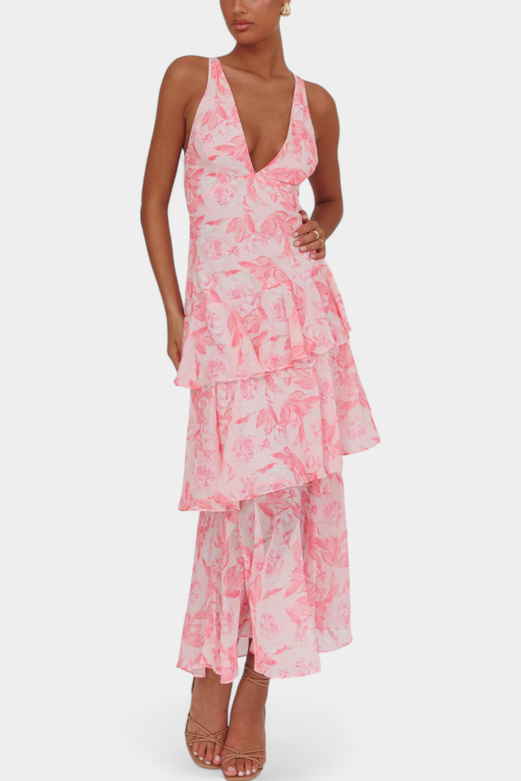 Pink floral tiered midi dress with V-neck and ruffle hem